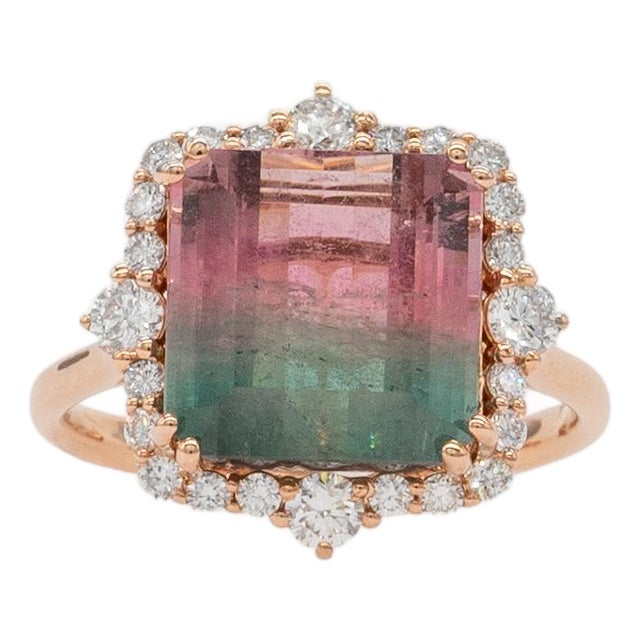 6.1cts Bi-Color Tourmaline Ring With Natural Diamonds Accents: Solid 14k Gold For Sale