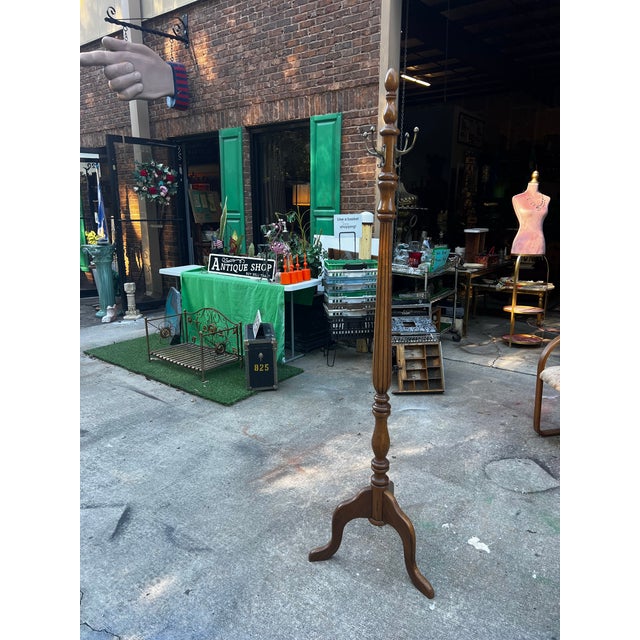 Brown Vintage MCM Tall Wooden Coat Rack With Brass Hooks For Sale - Image 8 of 12