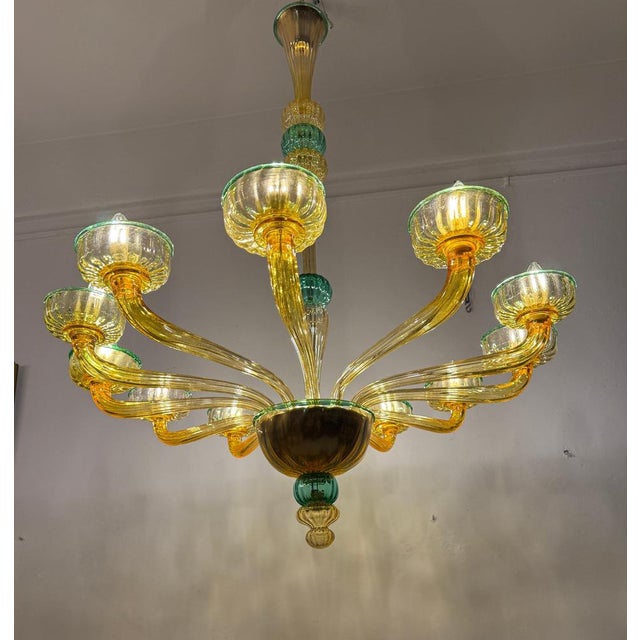 Amber and Emerald Chandelier with Twelve Arms in Hand Blown Glass, 1970s, Set of 2 For Sale - Image 11 of 14