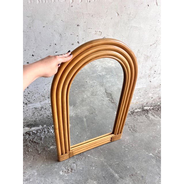 Wood Wooden Arch-Shaped Mirror with Tree Bamboo Wicker Frame, 1970s For Sale - Image 7 of 12