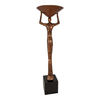 1970s Substantial Art Deco Inspired 6ft Freestanding Bronze Female Form Torchiere Floor Lamp After Alberto Gicametti For Sale