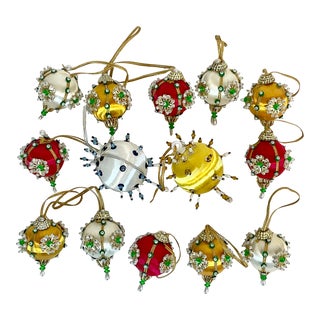 1960s Vintage Americana Folk Art Pin Beaded Christmas Ornaments - Set of 14. For Sale
