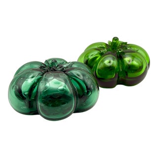 Vintage Hand Blown Green Glass Pumpkins Set of 2 For Sale