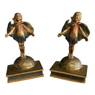 1920s Pompeian Bronze Bookends by Laura Archibald "Top of the World" - 2 Pieces For Sale