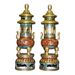 Pair of Vintage Cloisonné Enamel & Gilt Bronze Pagoda Censers / Shrine Vessels For Sale