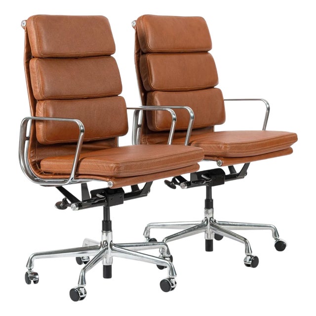 Pair Herman Miller Eames Tall Brown Leather Desk Chair Soft Pad For Sale