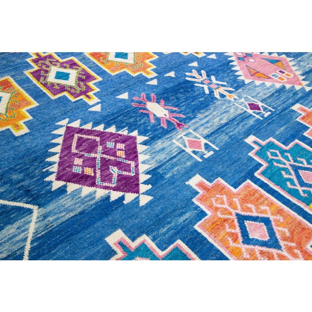 Modern Moroccan Style Handmade Blue Wool Rug With Geometric Tribal Pattern For Sale - Image 10 of 11
