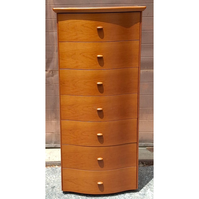 A Scandinavian Modern Style Italian Cherry Osiery Chest of Drawers is in very good vintage condition. Made in Italy. All...