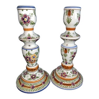 Vintage Delft Polychomatic Floral Candlestick Holders-Set of 2 For Sale