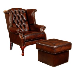 Luxury Hand-Tufted Leather Wingback Chair & Ottoman Set – Classic Style For Sale