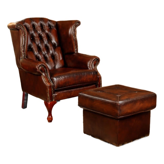 Luxury Hand-Tufted Leather Wingback Chair & Ottoman Set – Classic Style For Sale