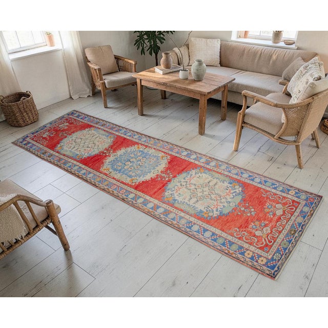 Mid-Century Modern Turkish Runner Rug Hand-Knotted Muted Colors Tribal Hallway Decor Lady Bug Pattern - 3'1" X 12'9" For Sale - Image 3 of 14