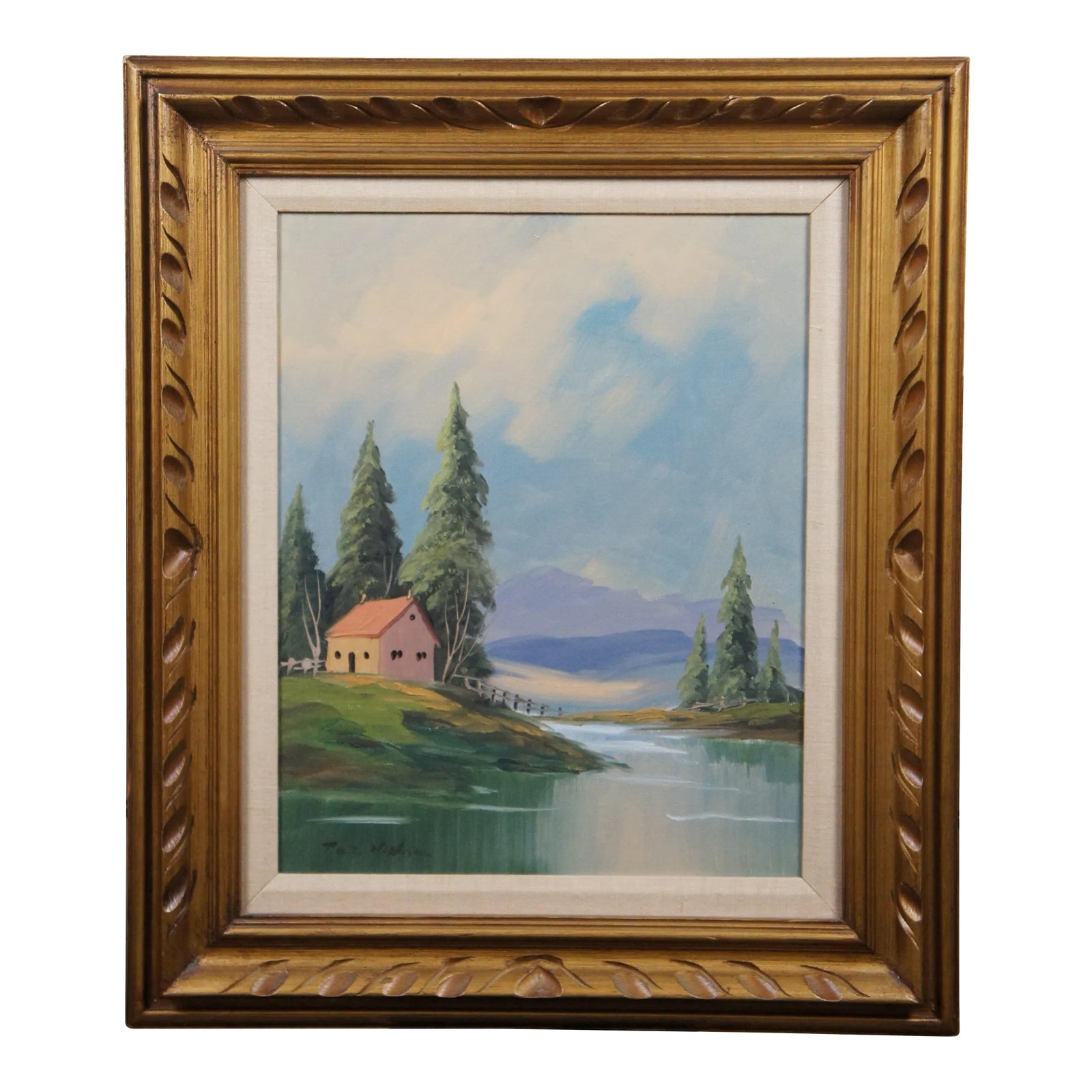 Vintage Country Cottage Lake Landscape Oil Painting on Canvas 29 ...