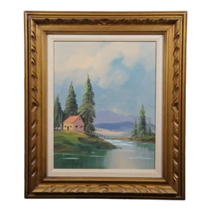 Vintage Country Cottage Lake Landscape Oil Painting on Canvas 29"