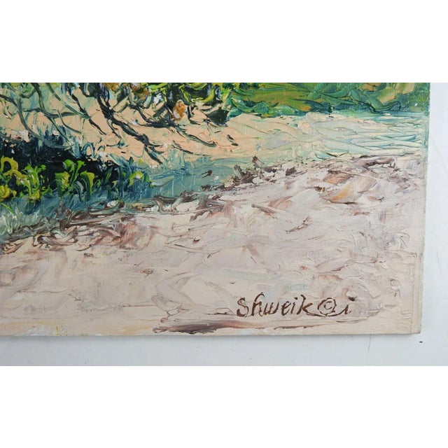 Vintage late 20th century oil on masonite impressionist impasto landscape with oak tree by Ahuva Shweiki (20th century)...