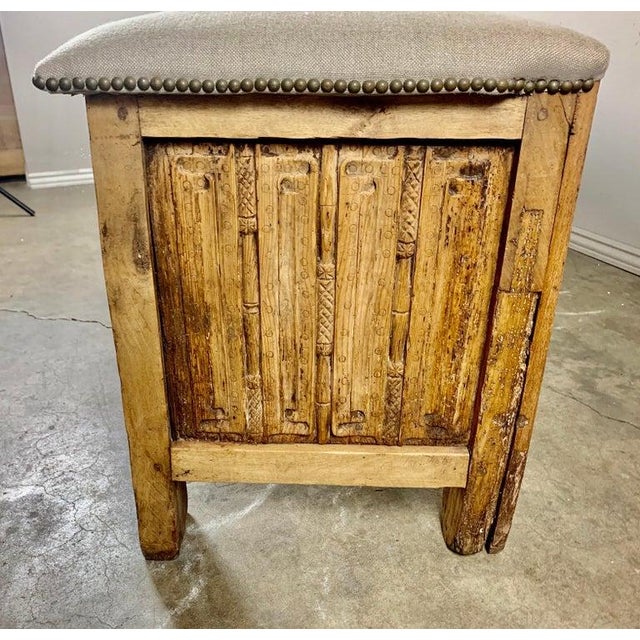 Wood Monumental Spanish Carved Wood Bench, Linen Upholstery, 19th Century For Sale - Image 7 of 13