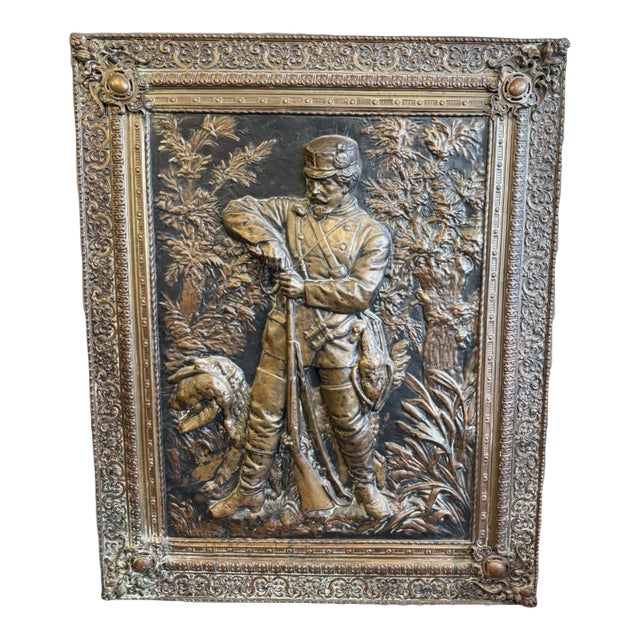 Antique Brass Repoussé Hanging Scenic Plaque Hunter With His Dog & Game Animals For Sale