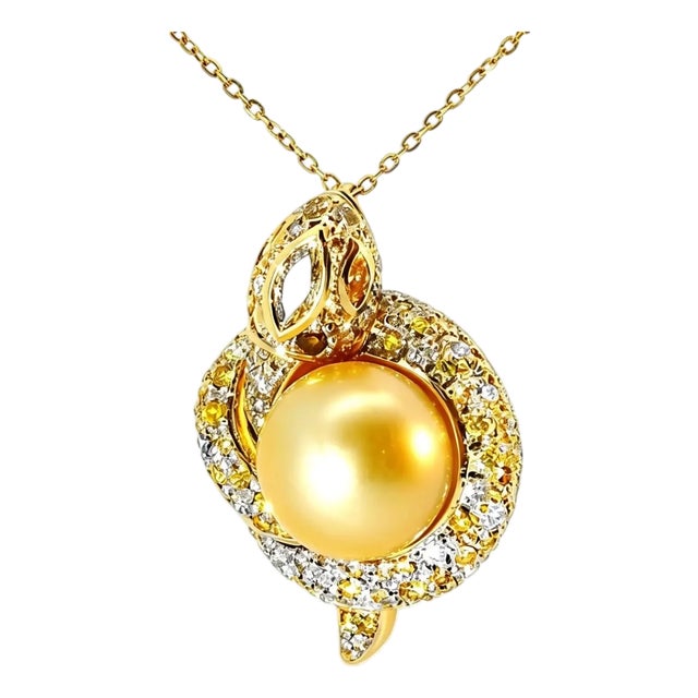 Late 20th Century 18K Yellow Gold Diamond Tahitian Yellow Pearl Snake Pendant Slide For Sale