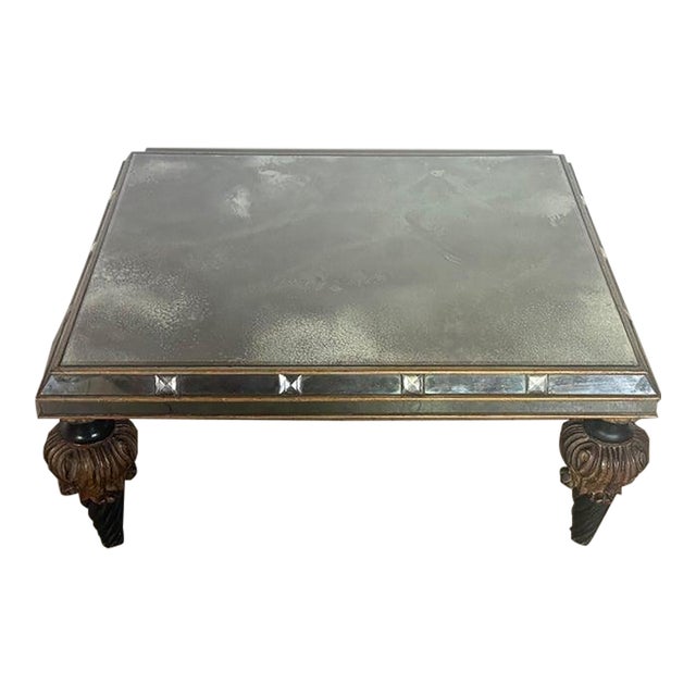 Hollywood Regency Mirrored Coffee Table With Carved Wood and Twisted For Sale