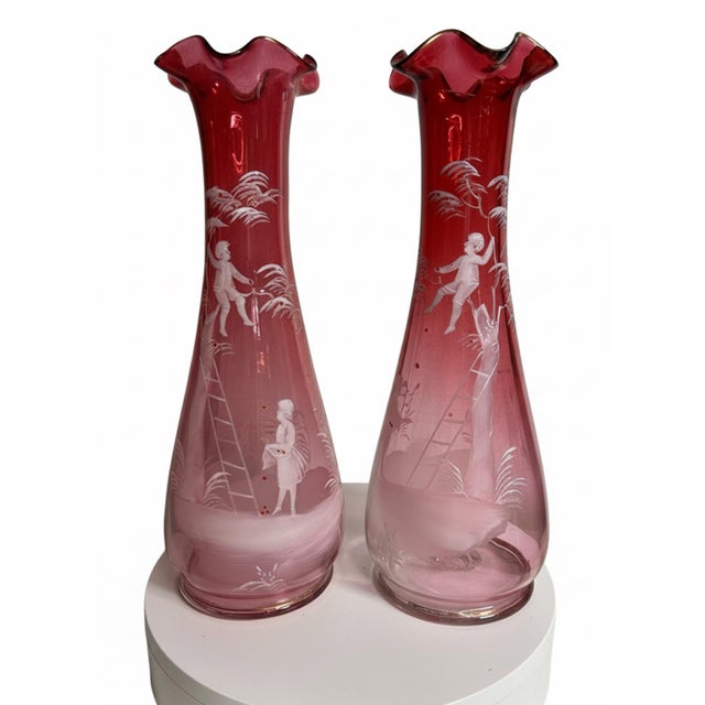 Magnificent 14" Antique Bohemian Cranberry Glass Mary Gregory Vases - Facing Pair For Sale - Image 9 of 11