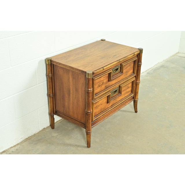Stanley Furniture Mid-Century Hollywood Regency Campaign Carved Walnut Faux Bamboo Nightstand by Stanley, Circa 1960s For Sale - Image 4 of 15