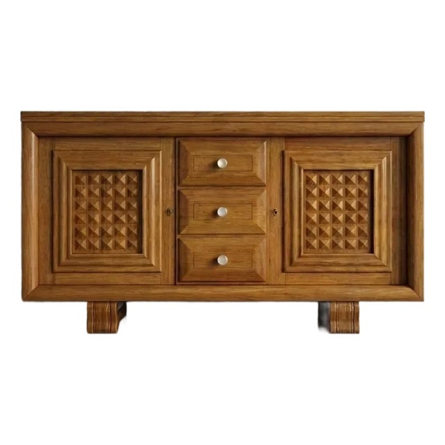 French Art Deco Geometric Carved Oak Sideboard, Style of Charles Dudouyt, 1930s For Sale
