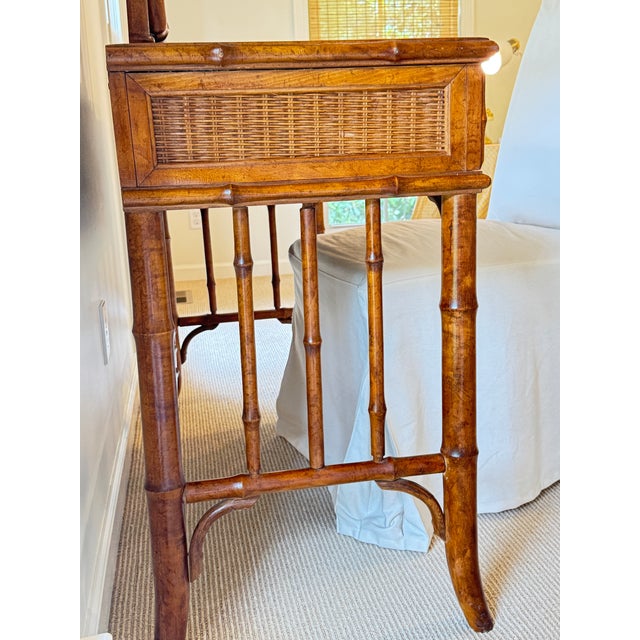 American of Martinsville American of Martinsville Vintage Coastal Faux Bamboo Rattan Vanity Desk Console With Detachable Mirror For Sale - Image 4 of 17