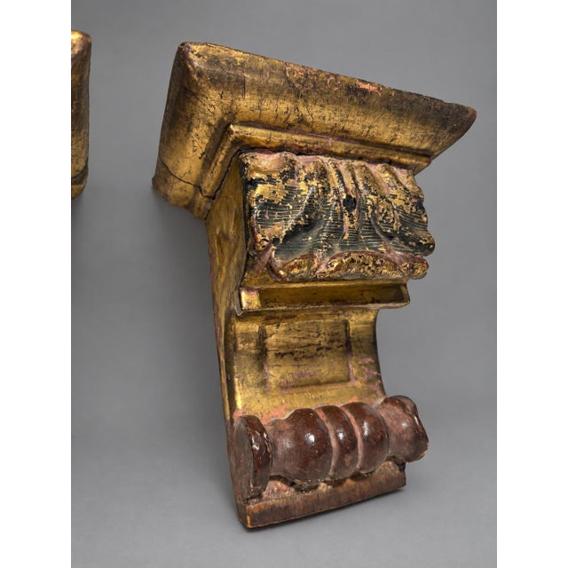 Pair of 19th Century, Baroque Style Carved Giltwood and Polychrome Wall Brackets For Sale In Providence - Image 6 of 10