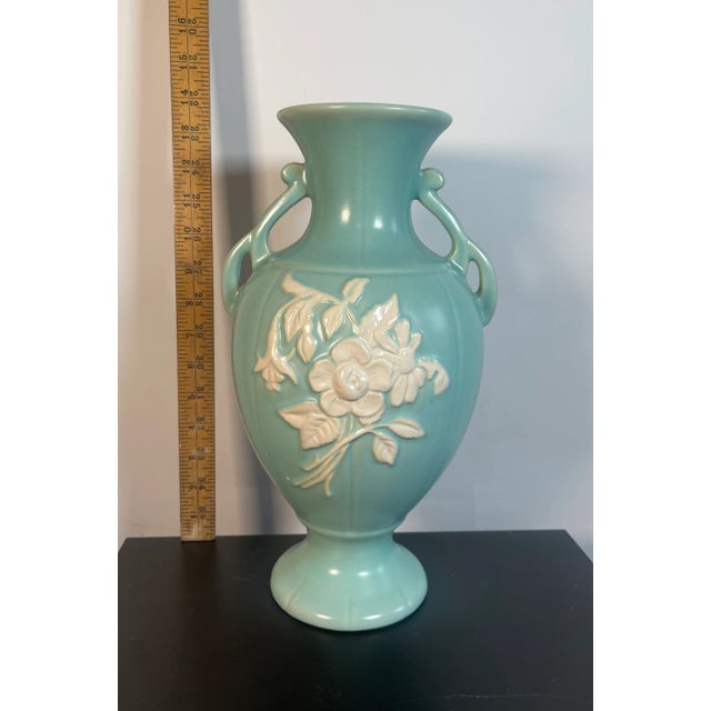 Weller Pottery 1930s Weller Pottery Aqua Vase Signed Cameo Rose For Sale - Image 4 of 8