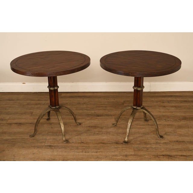 High Quality American Made Pair Of Theodore Alexander L'Usine Collection Bistro Tables Featuring Round Wood Tops And Cast...