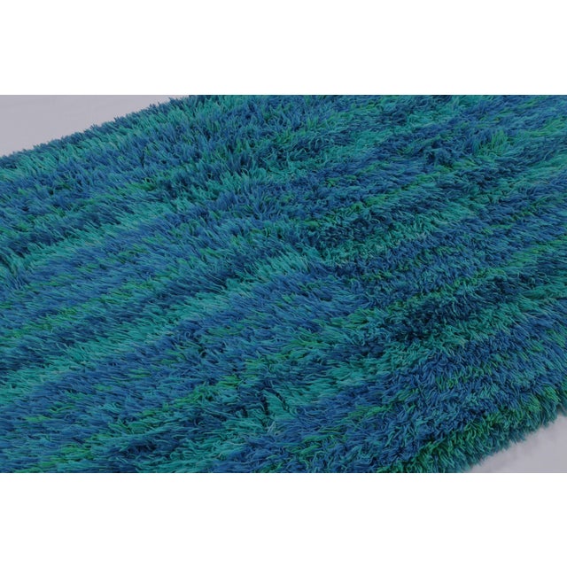 1960s Vintage Swedish Rya Rug in Blue and Teal Striped Pattern - Rug & Kilim For Sale - Image 5 of 9