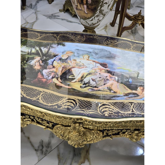 1990s French Rococo Coffee Table With Hand-Painted Artwork Under Glass & Gilded Bronze Details For Sale - Image 5 of 11