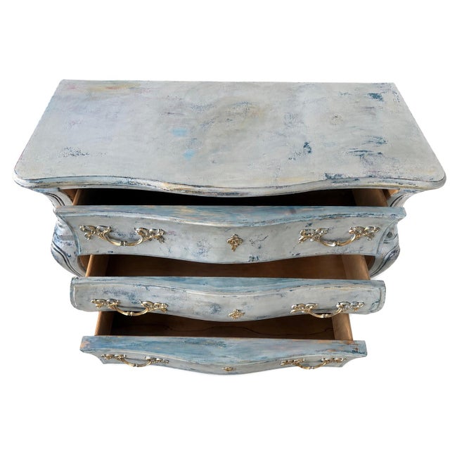 1990s Hand-Painted Bombe Chest of Drawers — Baroque Rococo | Dovetail Drawers | Distressed Blue, Gray & Gold | Maison Martine For Sale - Image 4 of 8