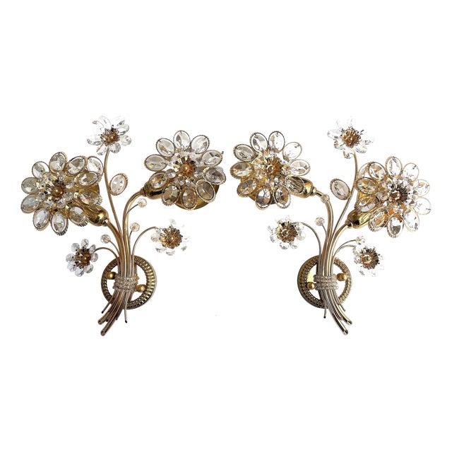 Vintage Brass Lead Crystal Wall Lamps from Palwa, 1960s, Set of 2 For Sale