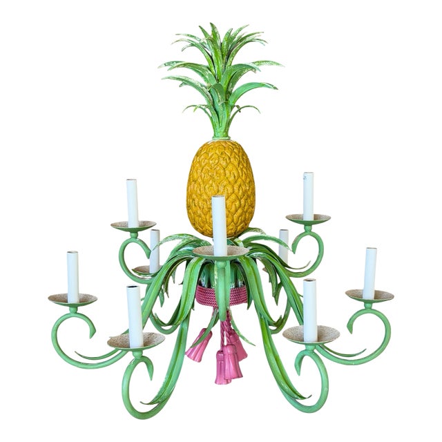 Vintage Whimsical Coastal Regency Pineapple Tole Nine-Light Chandelier For Sale