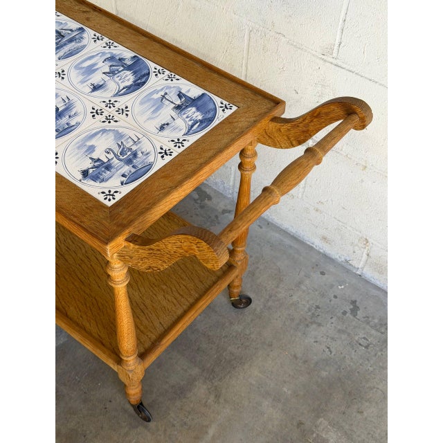 Mid-Century Modern Vintage Danish Oak Bar Cart Tea Trolley With Blue & White Tile Top For Sale - Image 3 of 10