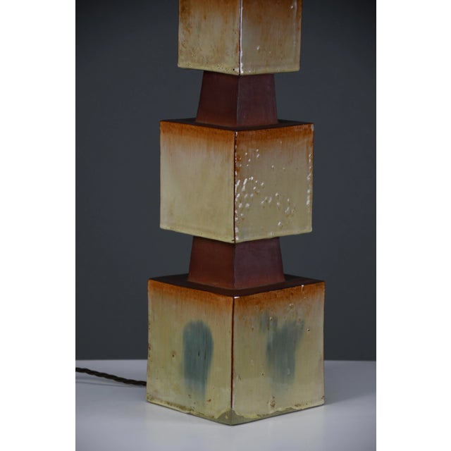 1960s Sculptural Ceramic Table Lamp with Custom Shade Striking and architectural, this handcrafted ceramic table lamp from...