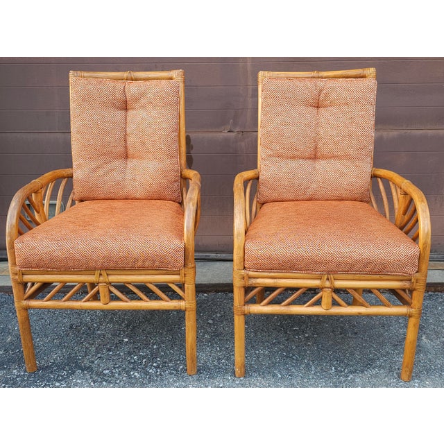 Mid-Century Modern Late 20th Century Set of Four Brown Jordan Rattan, Leather and Upholstered Armchairs For Sale - Image 3 of 10