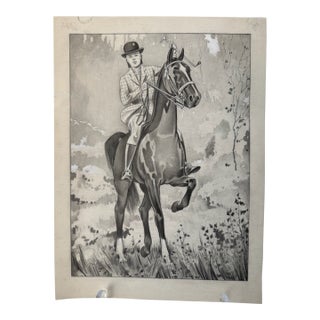 1940s Original Signed Graphite Illustration of Young Equestrian on Horseback, 12 × 9 In. For Sale