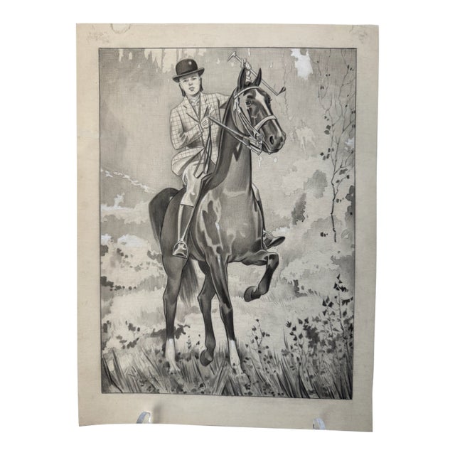 1940s Original Signed Graphite Illustration of Young Equestrian on Horseback, 12 × 9 In. For Sale