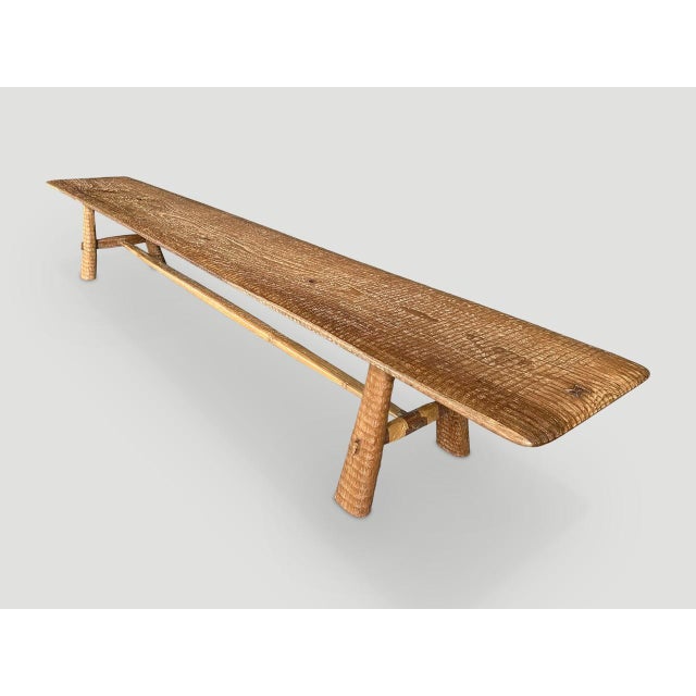 Andrianna Shamaris Impressive Minimalist Carved Long Teak Wood Bench For Sale - Image 10 of 18