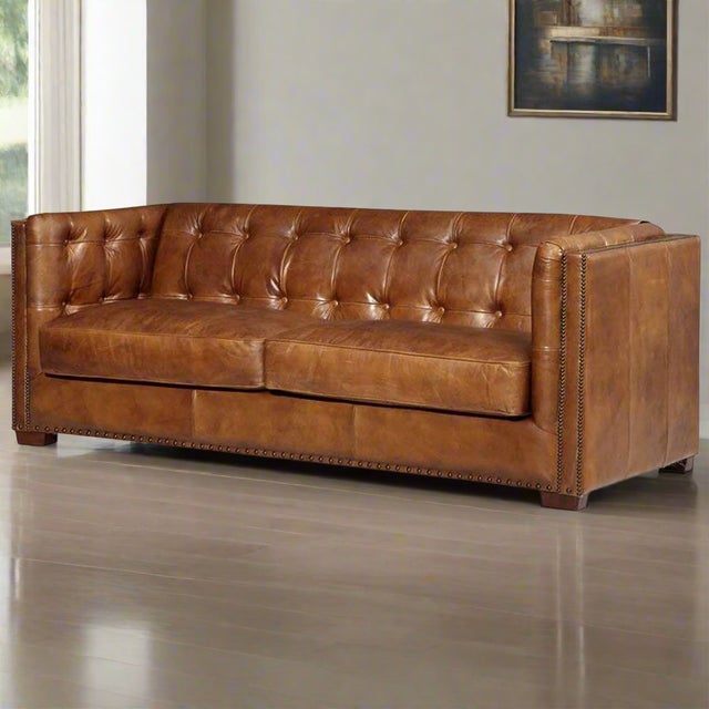 Brown Tuxedo Leather Sofa - Light Brown For Sale - Image 8 of 9