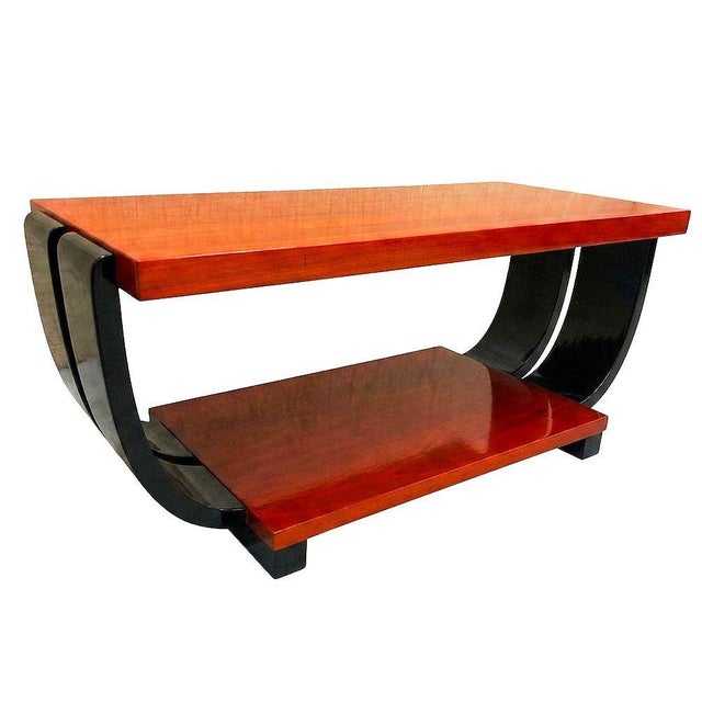 Two-tone, two-tier Art Deco Pearwood side table and coffee table, both designed by Gilbert Rohde for Brown Saltman...