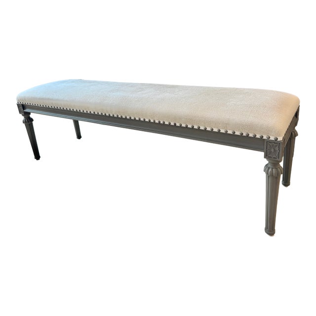 Restoration Hardware Maison End of Bed Bench - Antiqued Graphite With Sand Belgian Linen For Sale