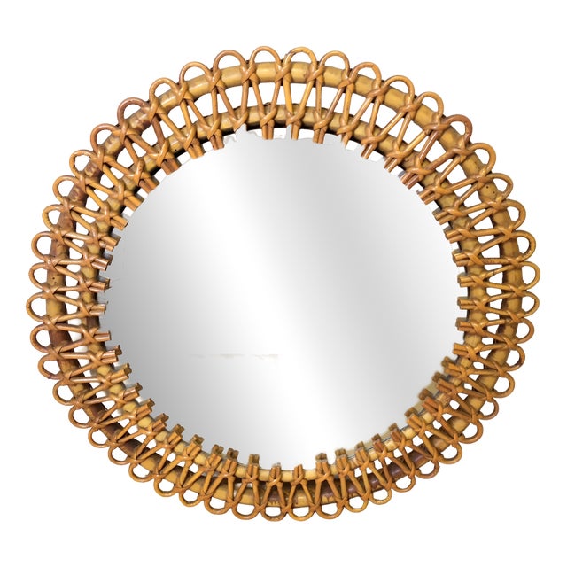 Round Rattan and Bamboo Mirror attributed to Franco Albini, 1960s For Sale