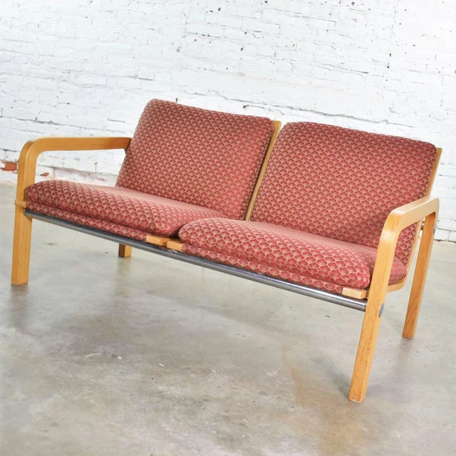 Late 20th Century Vintage Modern Two-Seat Settee or Bench Oak Bentwood and Chrome Attributed to Thonet For Sale - Image 5 of 12