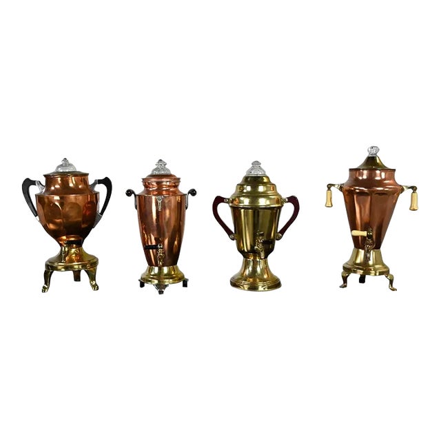 Vintage Art Deco Brass & Copper Coffee Urns Bakelite Handles Set of 4 For Sale