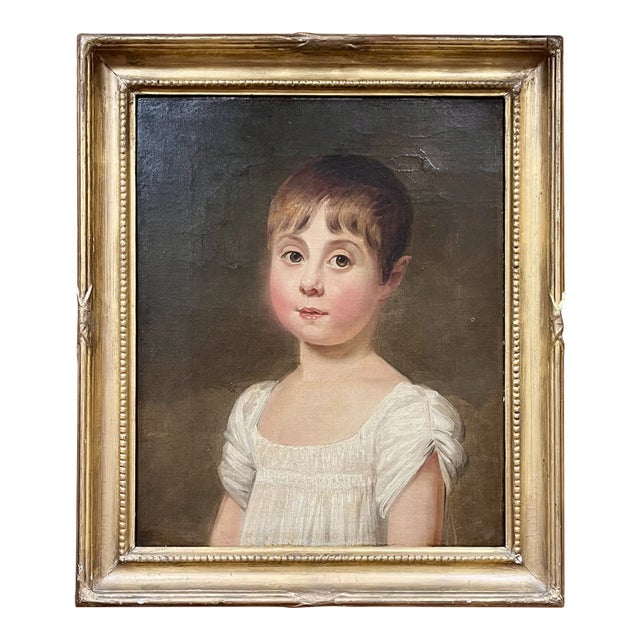 Antique Early 19th Century American Oil Painting on Canvas Portrait of a Young Girl in Original Giltwood Frame For Sale