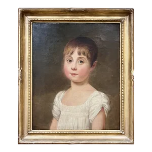Antique Early 19th Century American Oil Painting on Canvas Portrait of a Young Girl in Original Giltwood Frame