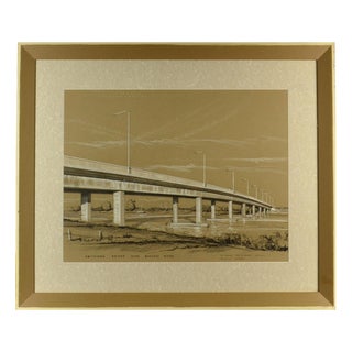 Gibb, Architectural Drawing of Smithtown Bridge, Australia, 1950s, Charcoal & Crayon For Sale